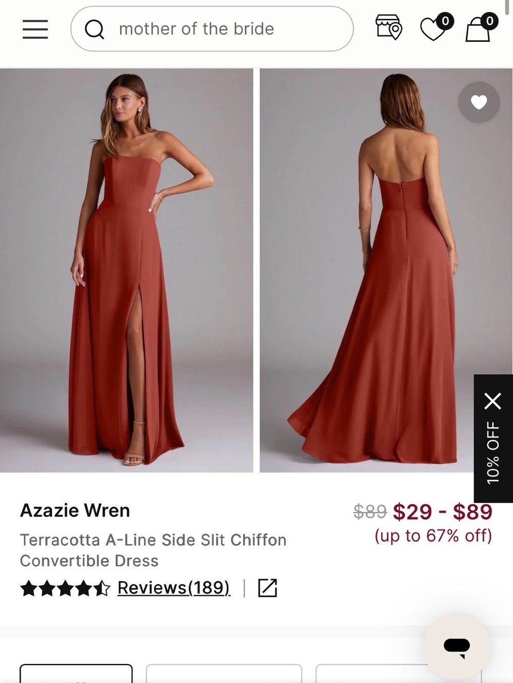 Azazie Wren Terracotta Strapless A-Line Gown with Side Slit